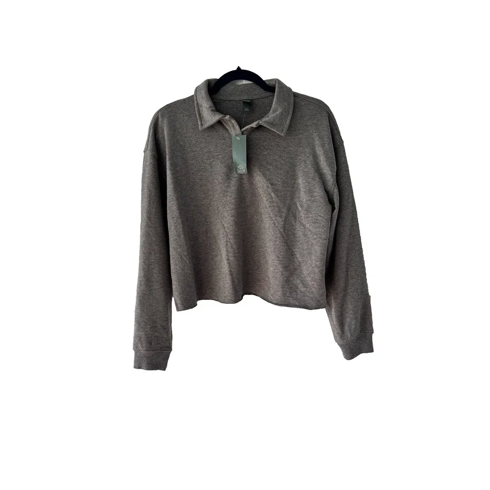 Wild Fable Heather Grey Cropped Polo Sweatshirt‎ Womens Medium NWT 331115874 - Picture 2 of 9